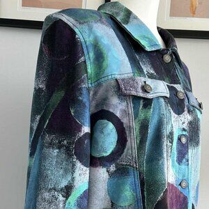 Dolcezza Teal-Indigo Simply Art Abstract-Print Soft Trucker-Style Jacket – US L